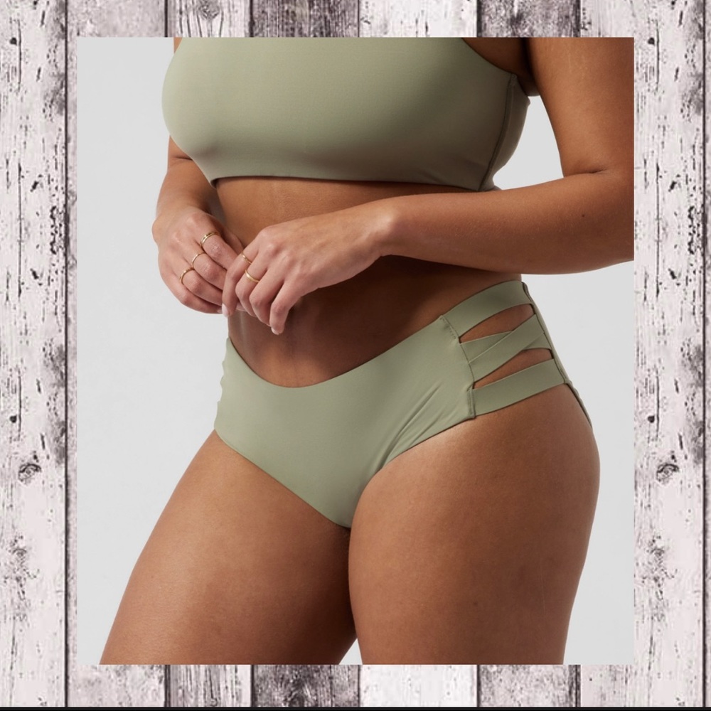 ATHLETA PALM BOYSHORT CUTOUT SIDES EUCALYPTUS OLIVE GREEN BIKINI BOTTOM NWT